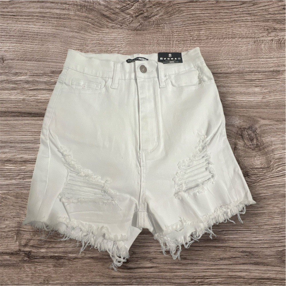 Fashion Nova White Distressed Jean Shorts - Picture 3 of 7